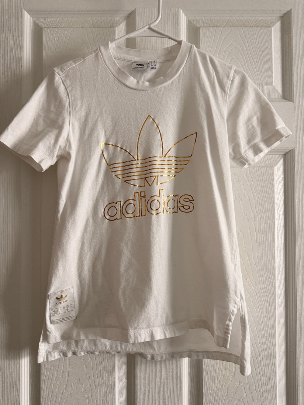 adidas Kids White Tee with Gold Metallic Trefoil